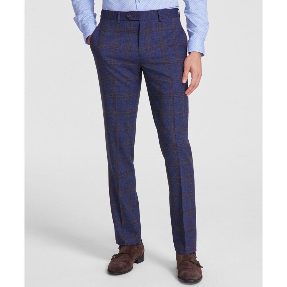 $175 NEW BAR III Mens 34x34 Navy Plaid Soft Slim Fit Trousers/Dress Pants/Slacks